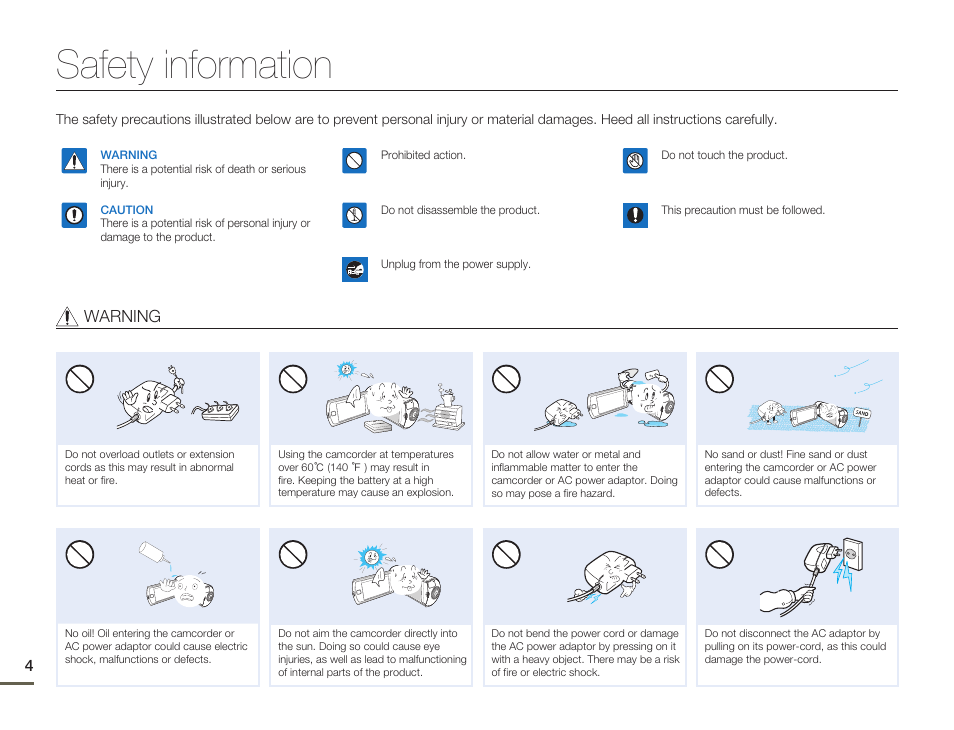 Safety information, Warning | Samsung HMX-Q11TP User Manual | Page 4 / 110