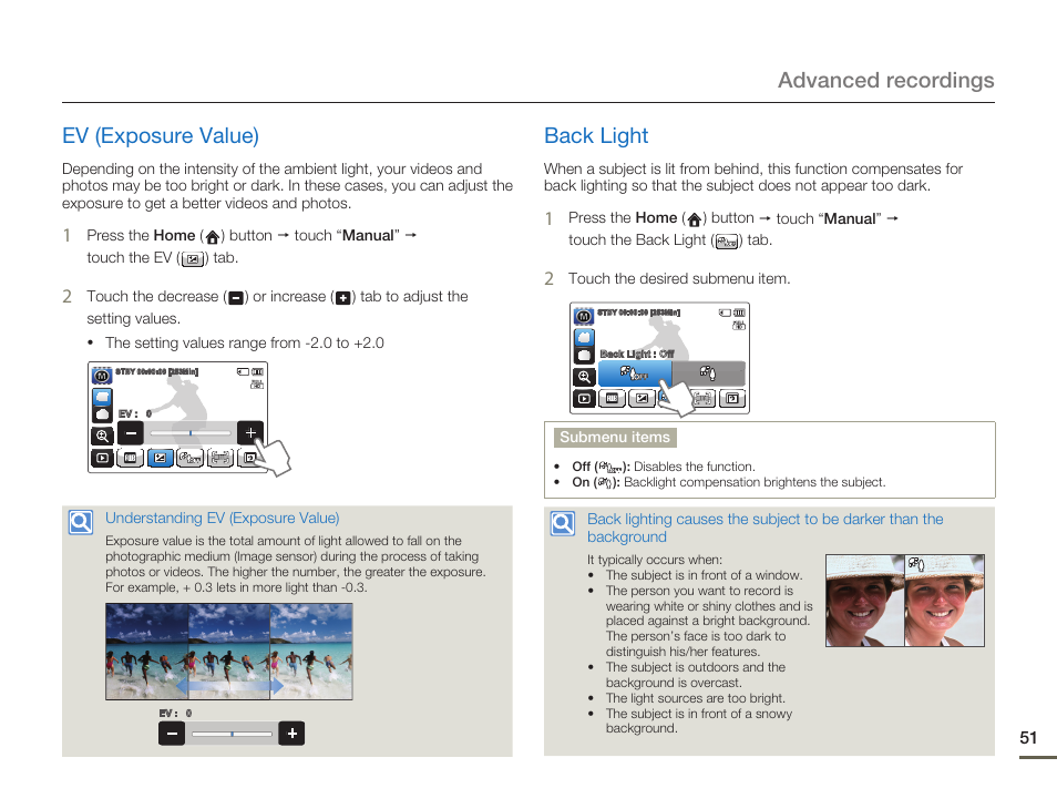 Ev (exposure value), Back light, Advanced recordings ev (exposure value) | Samsung HMX-Q11TP User Manual | Page 51 / 110