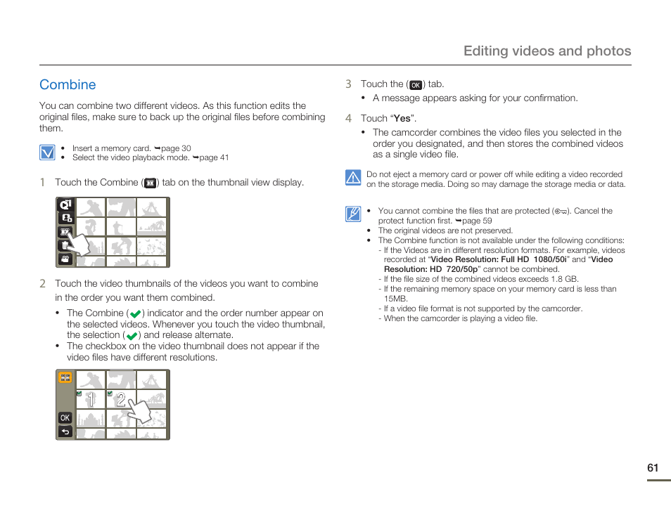 Combine, Editing videos and photos combine | Samsung HMX-Q11TP User Manual | Page 61 / 110