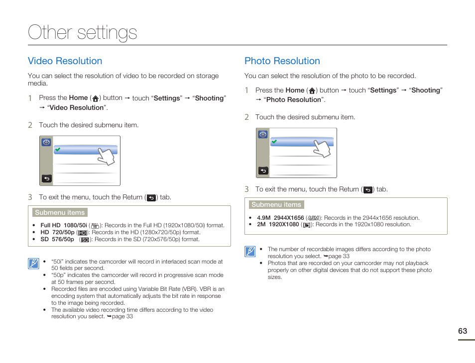 Other settings, Video resolution, Photo resolution | Samsung HMX-Q11TP User Manual | Page 63 / 110