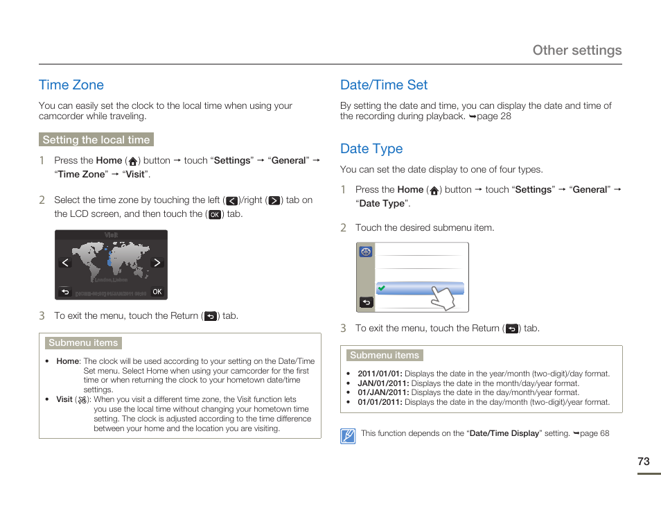 Time zone, Date/time set, Date type | Other settings time zone | Samsung HMX-Q11TP User Manual | Page 73 / 110