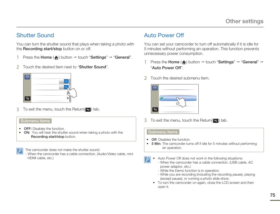 Shutter sound, Auto power off, Other settings shutter sound | Samsung HMX-Q11TP User Manual | Page 75 / 110