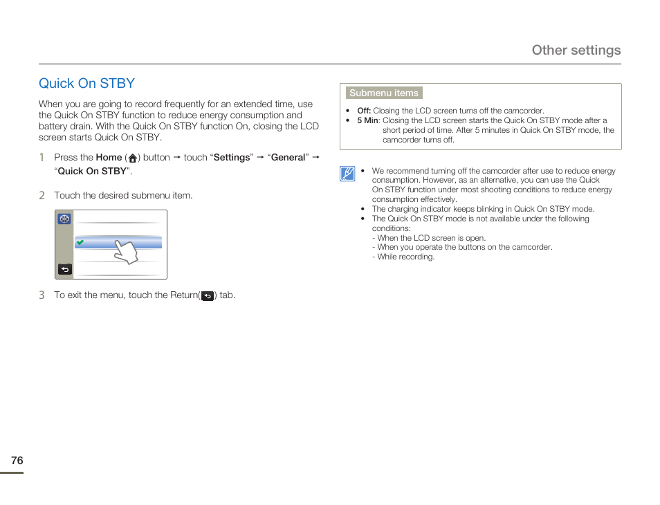 Quick on stby, Other settings quick on stby | Samsung HMX-Q11TP User Manual | Page 76 / 110