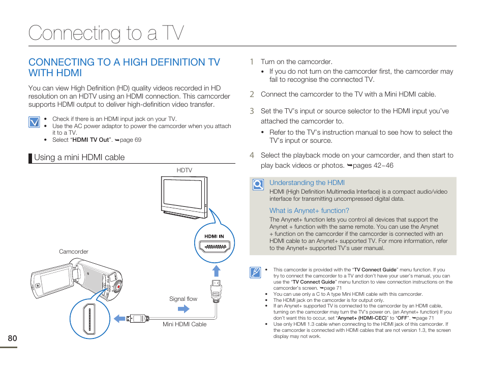 Connecting to a tv, Connecting to a high definition tv with hdmi | Samsung HMX-Q11TP User Manual | Page 80 / 110