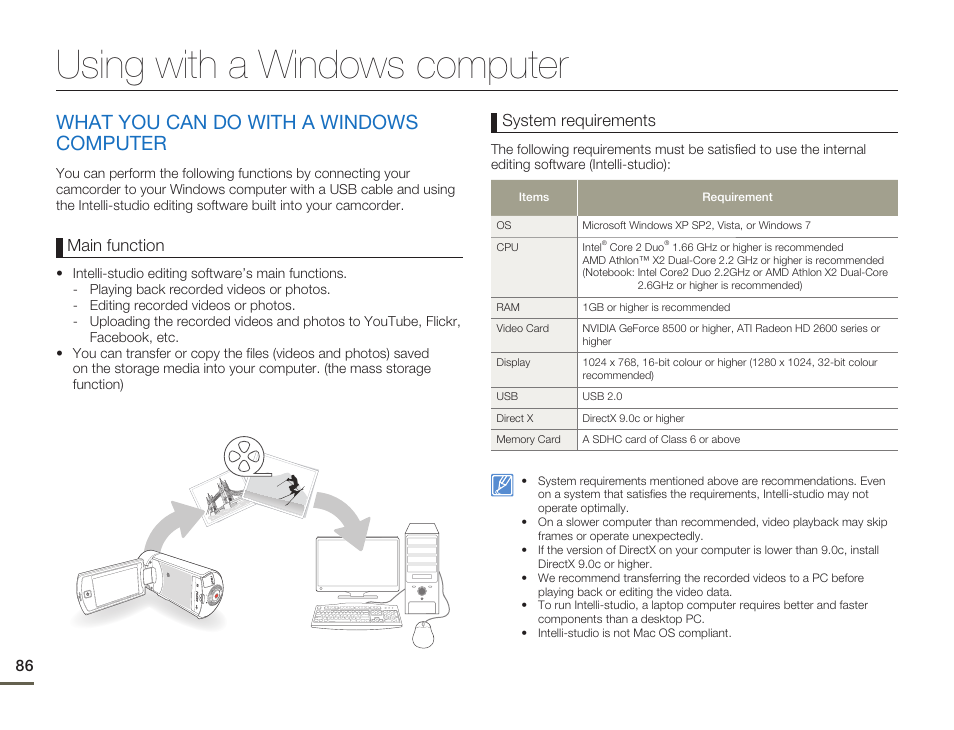 Using with a windows computer, What you can do with a windows computer, Main function | System requirements | Samsung HMX-Q11TP User Manual | Page 86 / 110