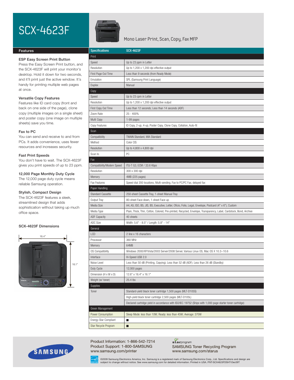 Scx-4623f, Mono laser print, scan, copy, fax mfp | Samsung MONO LASER MFP SCX-4623F User Manual | Page 2 / 2