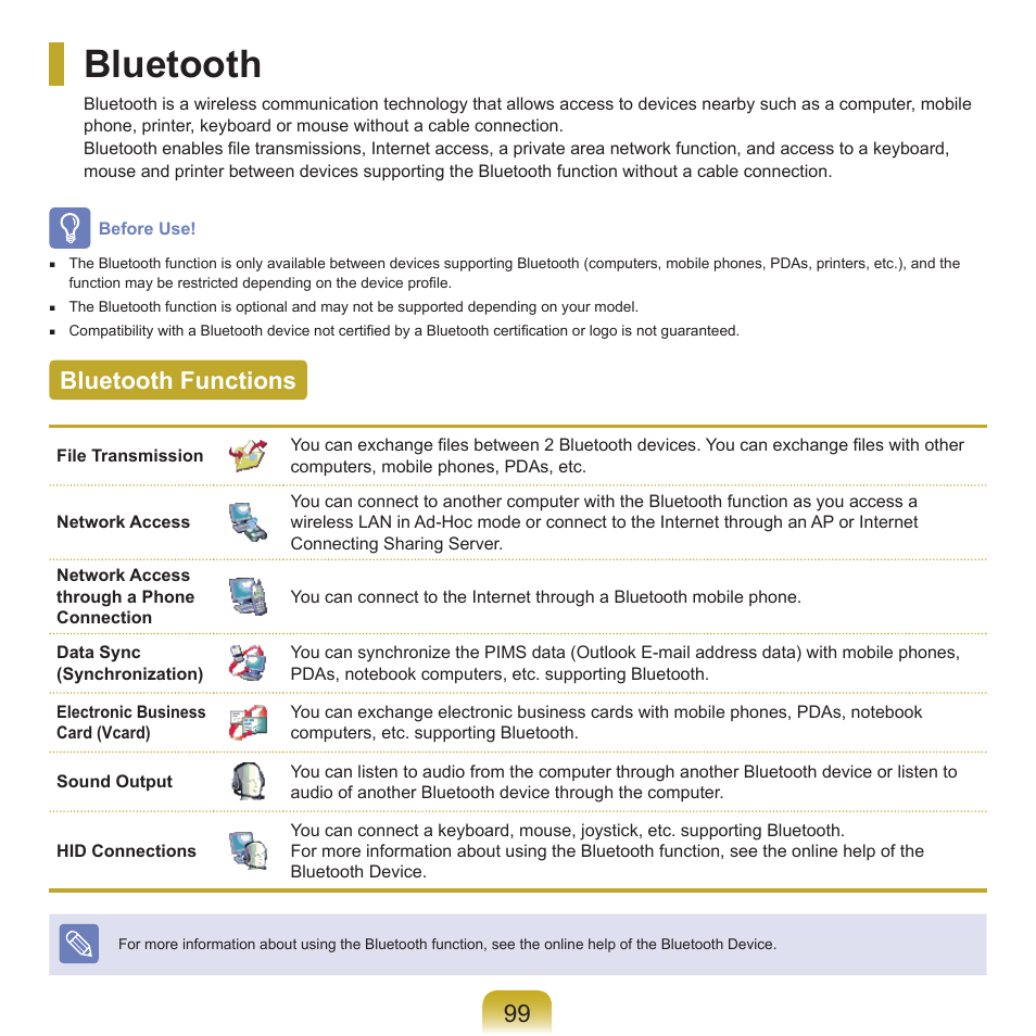 Bluetooth, Bluetooth functions | Samsung P55 User Manual | Page 100 / 172