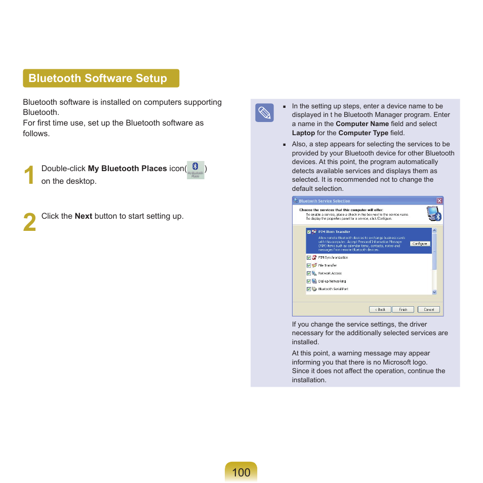 Bluetooth software setup, 100 bluetooth software setup | Samsung P55 User Manual | Page 101 / 172