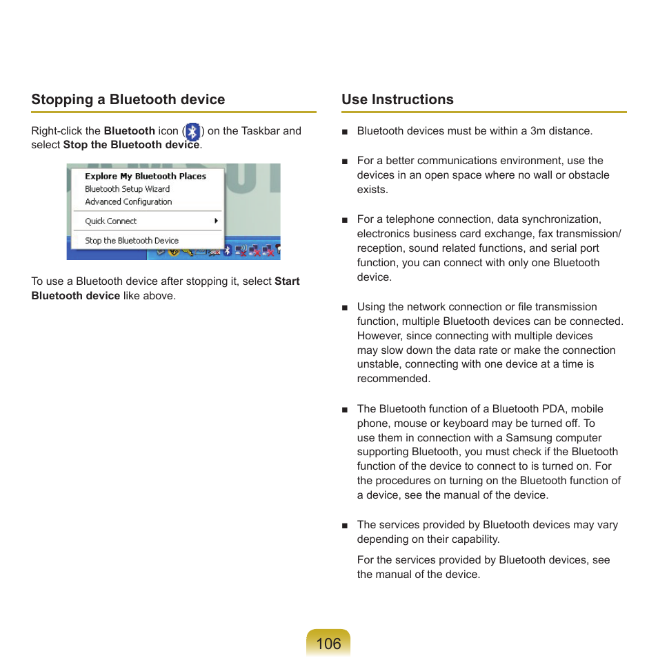 Stopping a bluetooth device, Use instructions | Samsung P55 User Manual | Page 107 / 172