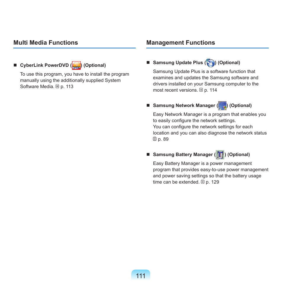 Multi media functions, Management functions | Samsung P55 User Manual | Page 112 / 172