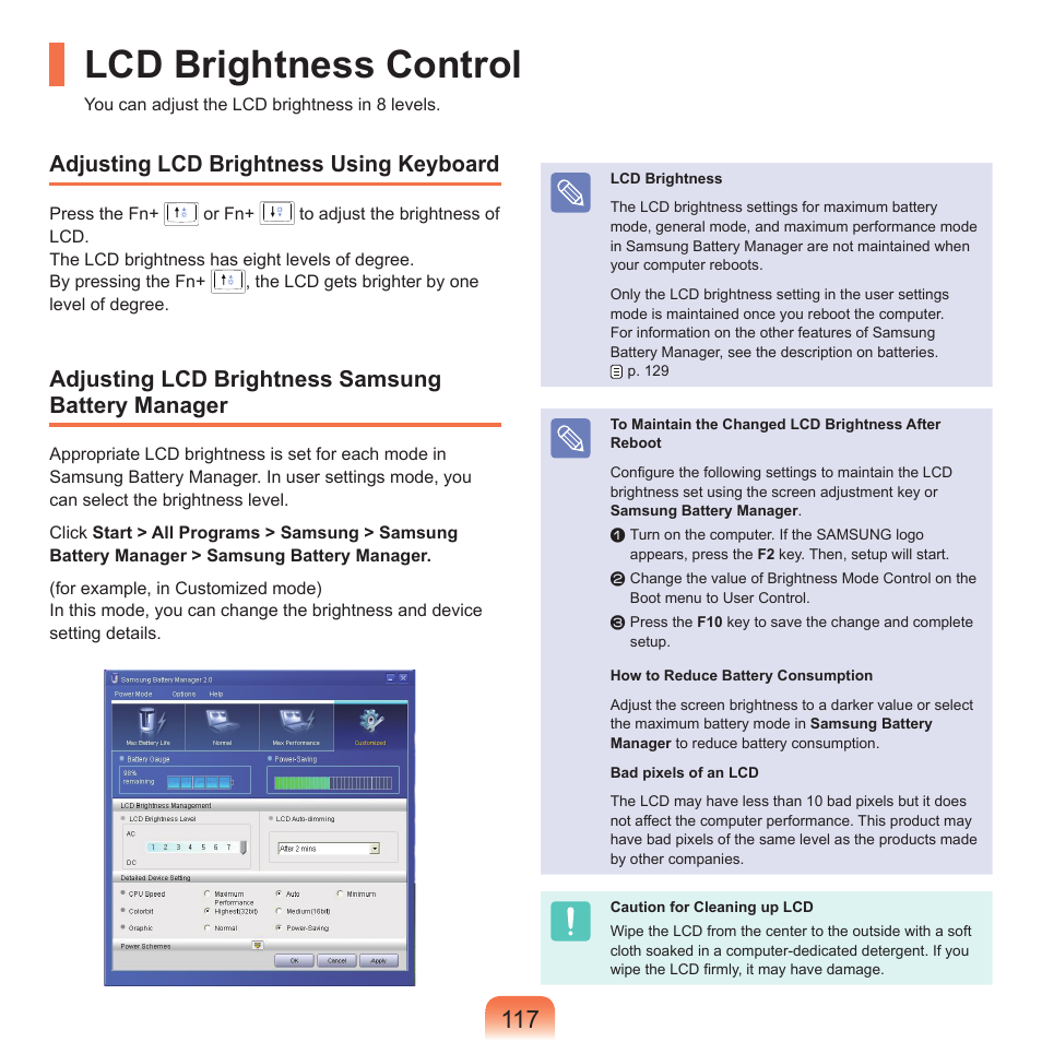 Lcd brightness control, Adjusting lcd brightness using keyboard, Adjusting lcd brightness samsung battery manager | Samsung P55 User Manual | Page 118 / 172