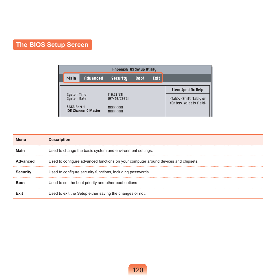 The bios setup screen, 10 the bios setup screen | Samsung P55 User Manual | Page 121 / 172