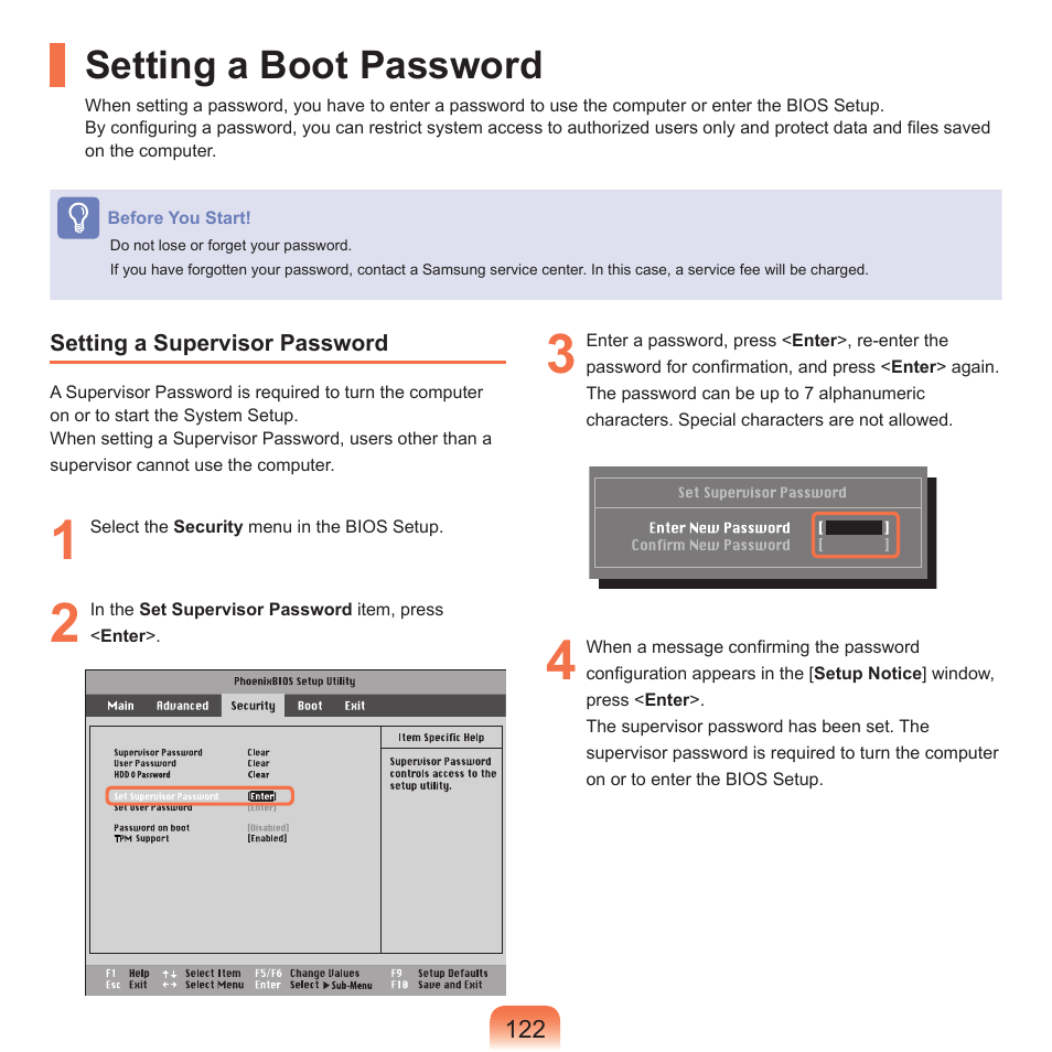 Setting a boot password | Samsung P55 User Manual | Page 123 / 172