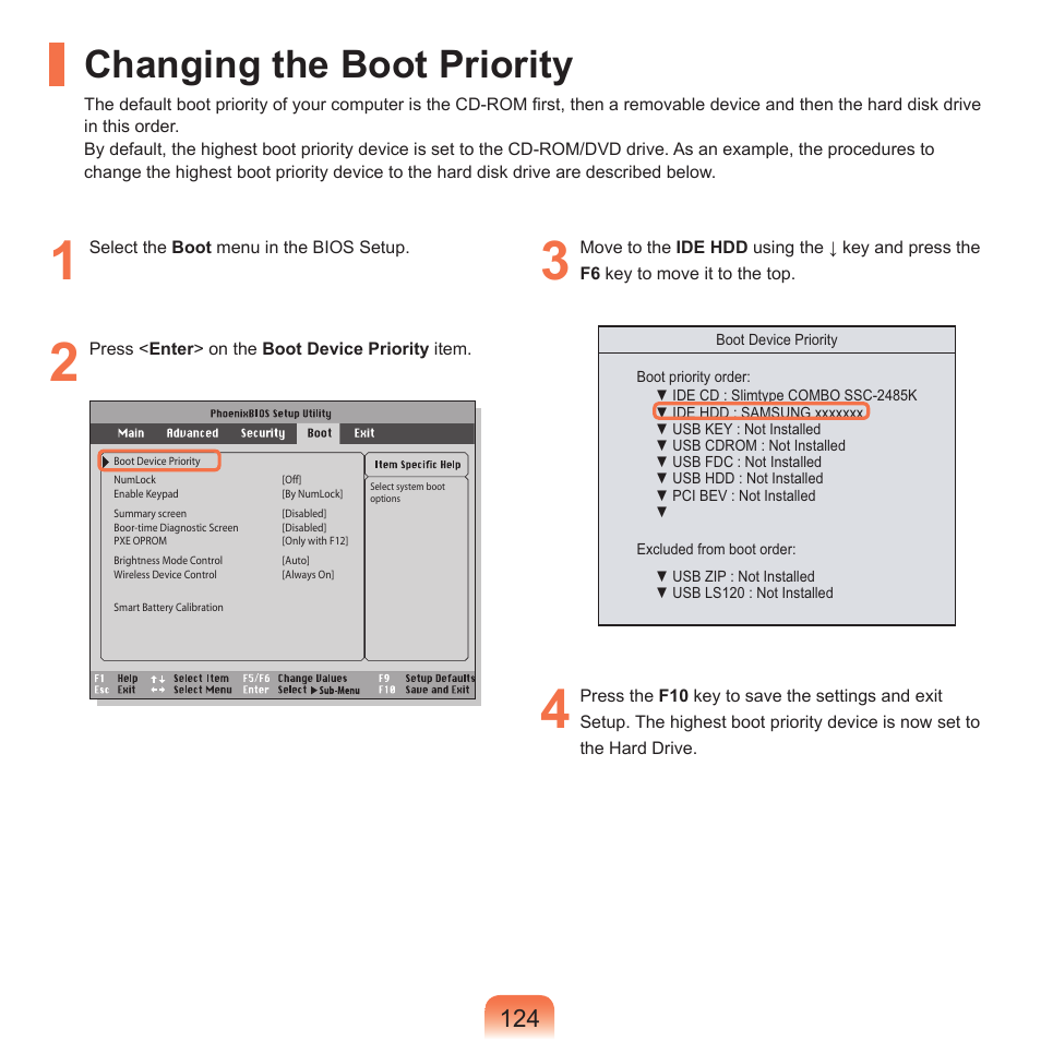 Changing the boot priority | Samsung P55 User Manual | Page 125 / 172