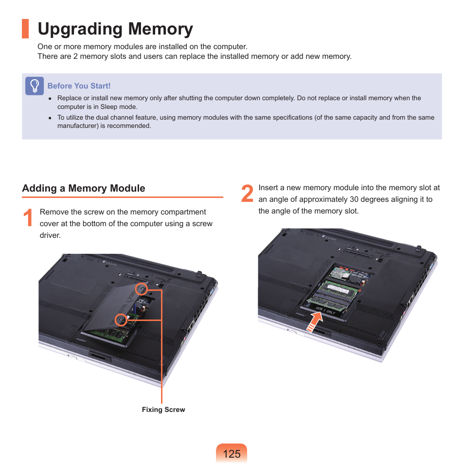 Upgrading memory | Samsung P55 User Manual | Page 126 / 172