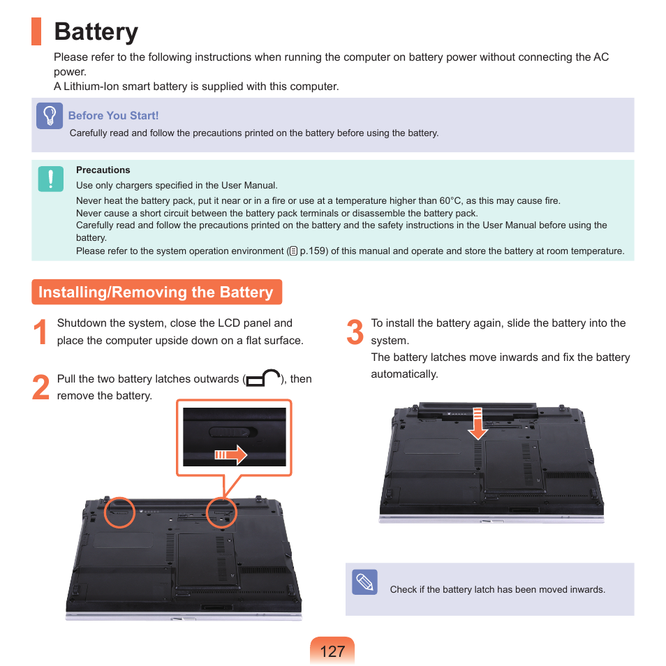 Battery, Installing/removing the battery | Samsung P55 User Manual | Page 128 / 172