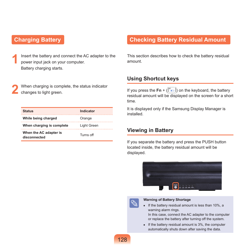Charging battery, Checking battery residual amount, 18 charging battery | Samsung P55 User Manual | Page 129 / 172
