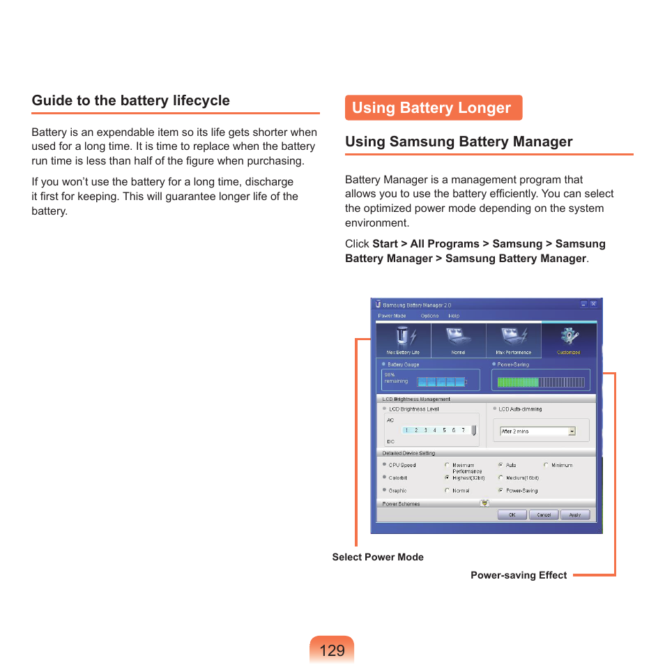 Using battery longer | Samsung P55 User Manual | Page 130 / 172