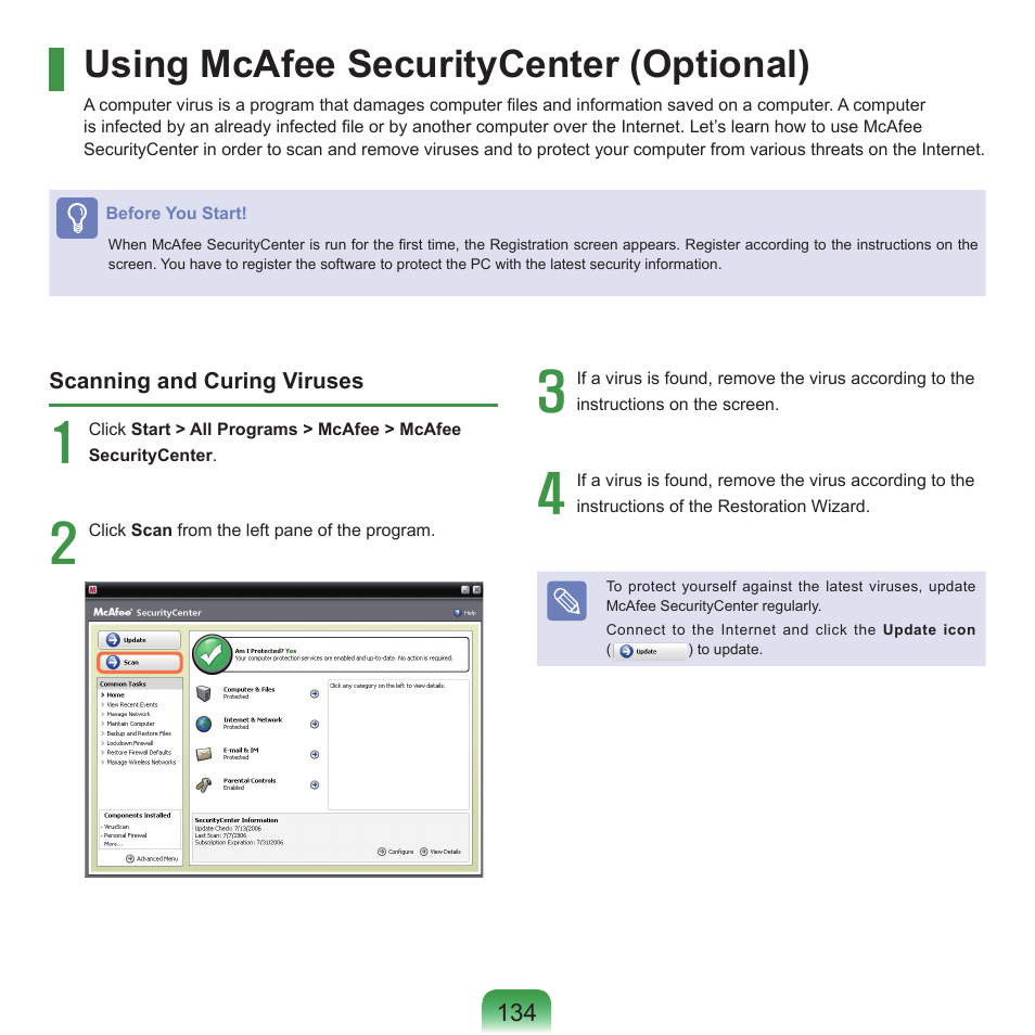 Using mcafee securitycenter (optional) | Samsung P55 User Manual | Page 135 / 172