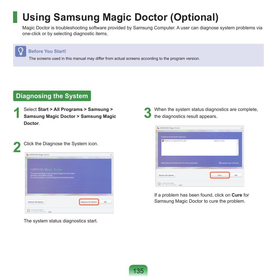 Using samsung magic doctor (optional), Diagnosing the system | Samsung P55 User Manual | Page 136 / 172