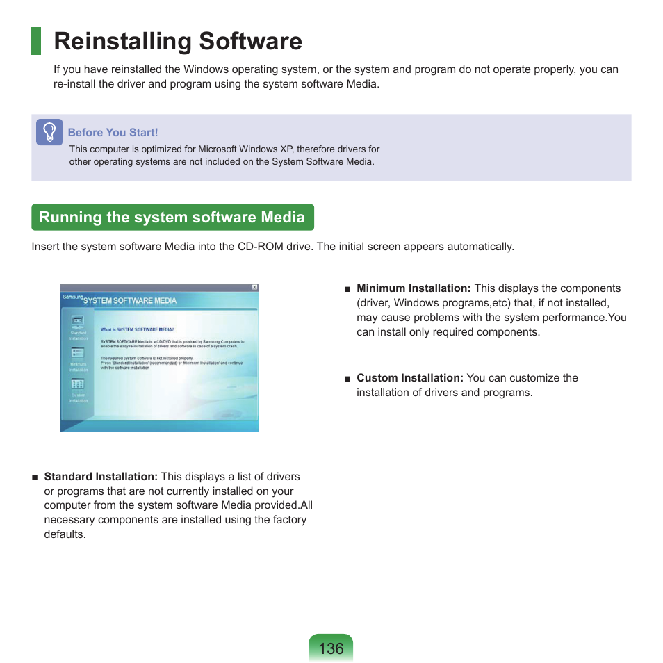 Reinstalling software, Running the system software media | Samsung P55 User Manual | Page 137 / 172