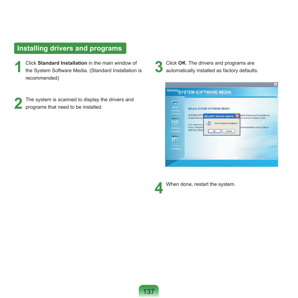 Installing drivers and programs | Samsung P55 User Manual | Page 138 / 172