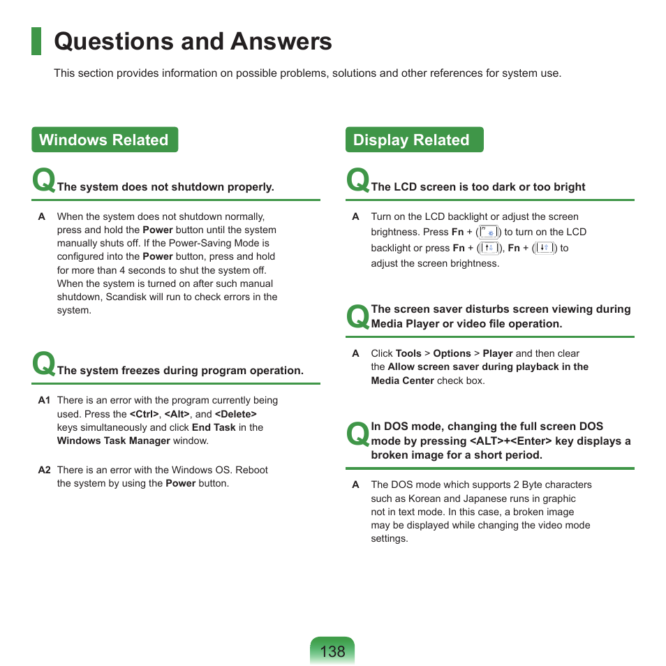 Questions and answers, Windows related, Display related | Windows related display related | Samsung P55 User Manual | Page 139 / 172