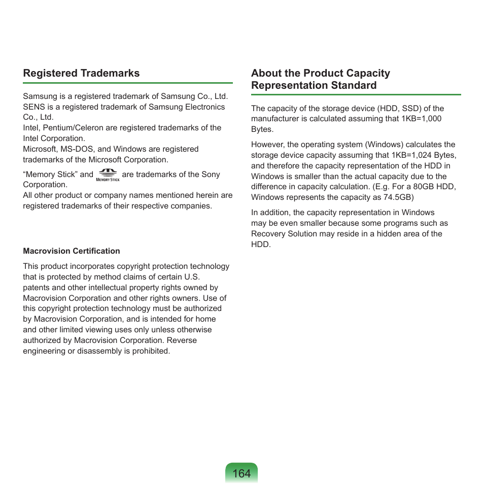 Registered trademarks, About the product capacity representation standard | Samsung P55 User Manual | Page 165 / 172