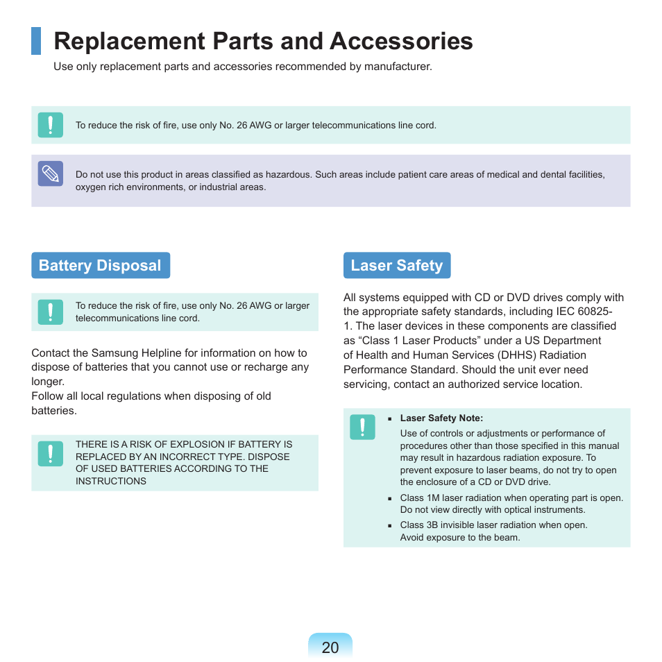 Replacement parts and accessories, Battery disposal, Laser safety | Samsung P55 User Manual | Page 21 / 172