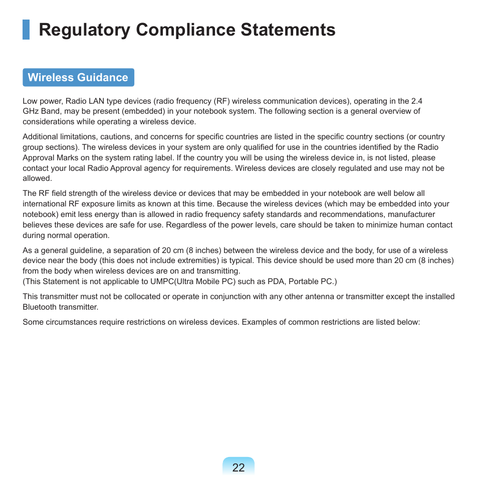Regulatory compliance statements, Wireless guidance | Samsung P55 User Manual | Page 23 / 172