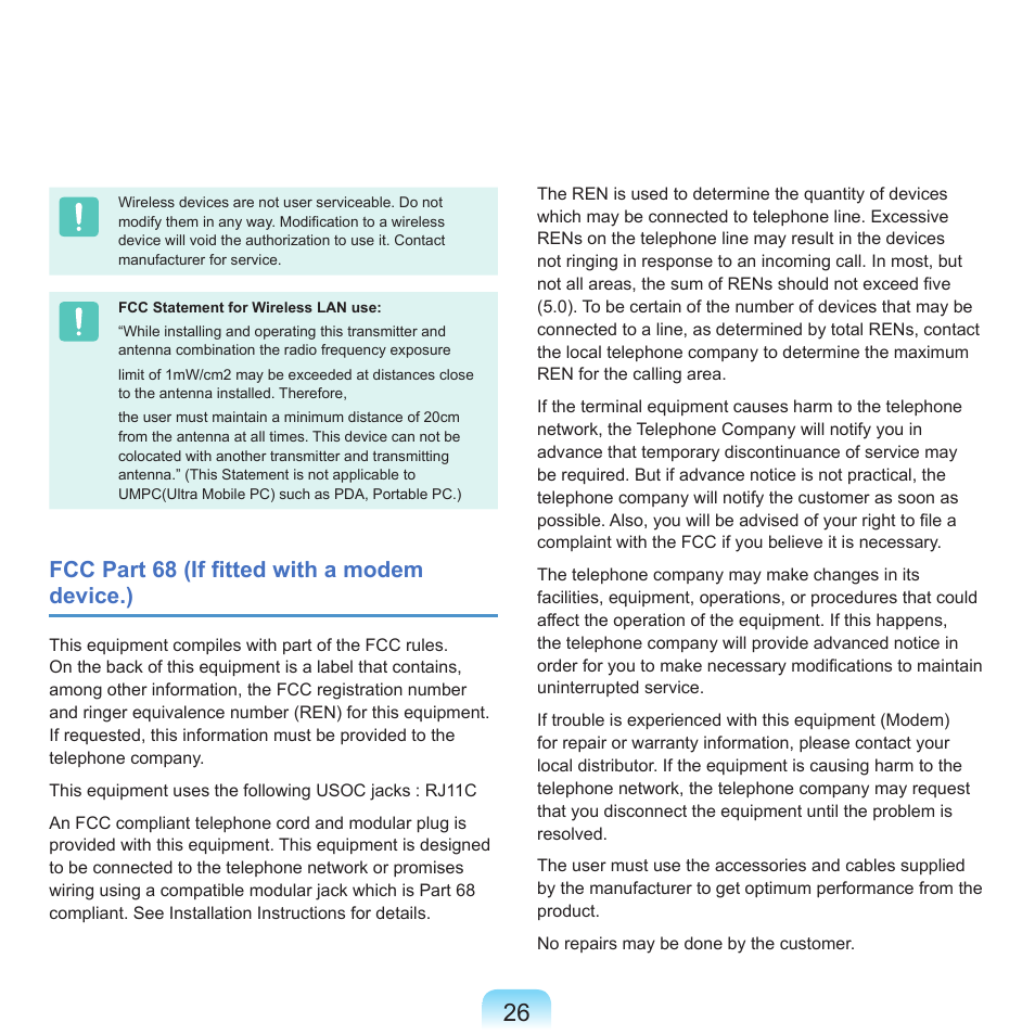 Fcc part 68 (if fitted with a modem device.) | Samsung P55 User Manual | Page 27 / 172