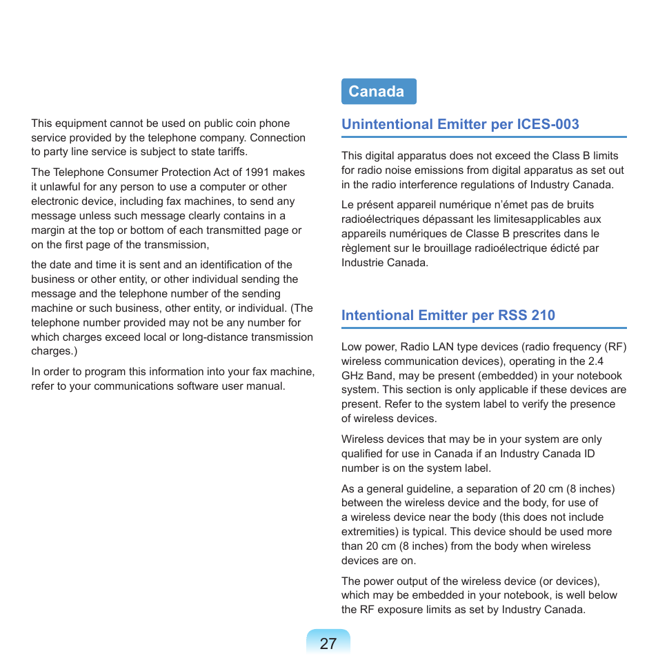 Canada, Unintentional emitter per ices-003, Intentional emitter per rss 210 | Samsung P55 User Manual | Page 28 / 172