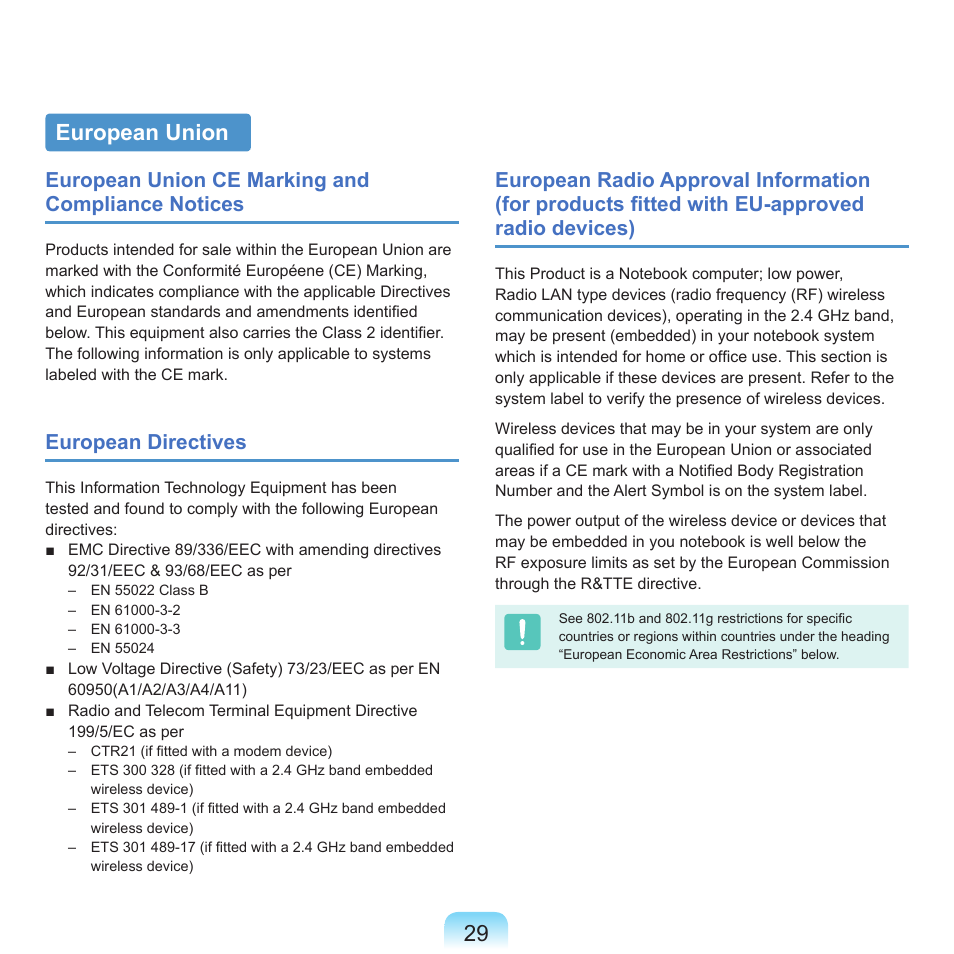 European union, European union ce marking and compliance notices, European directives | Samsung P55 User Manual | Page 30 / 172