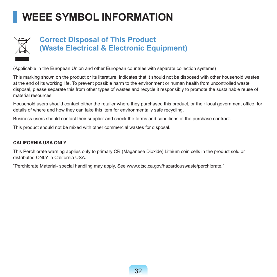 Weee symbol information | Samsung P55 User Manual | Page 33 / 172