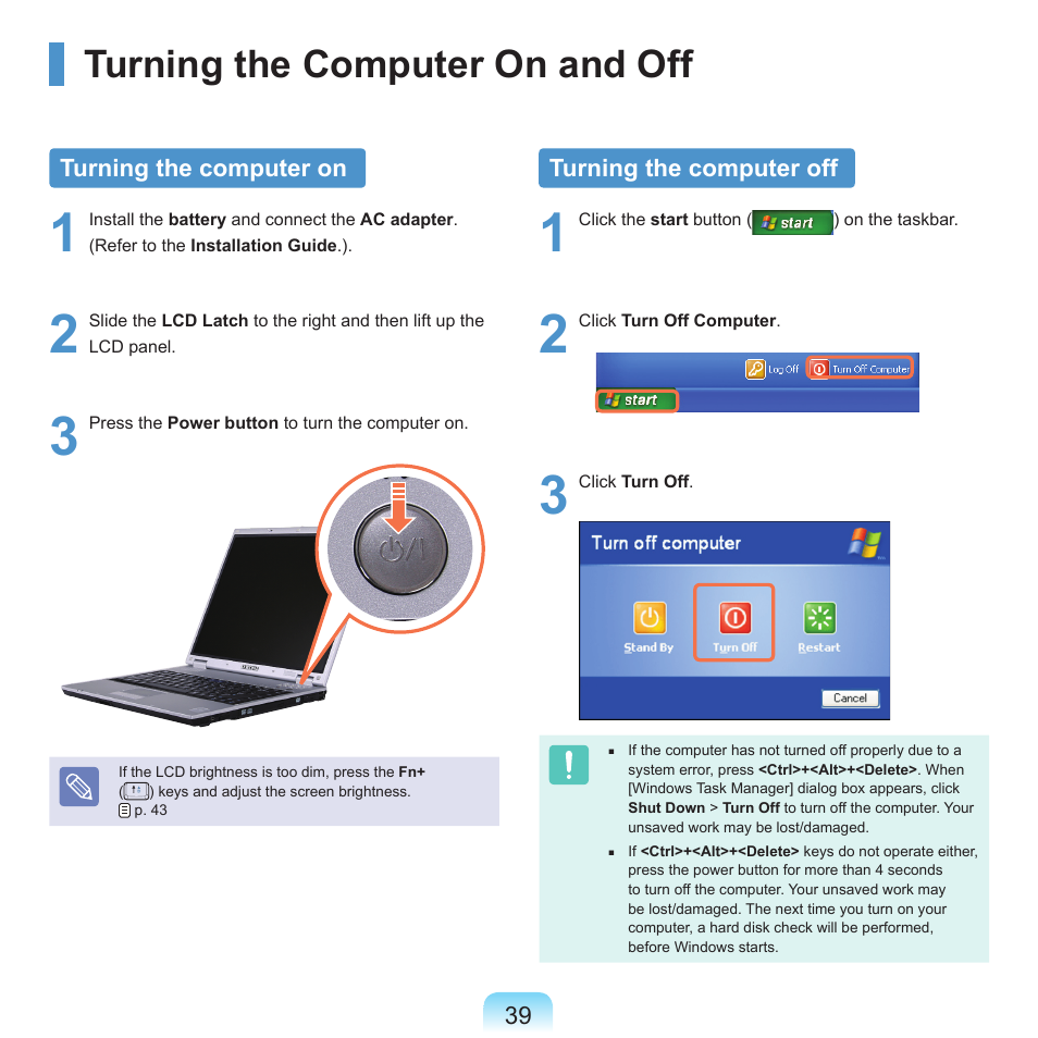 Turning the computer on and off, Turning the computer on, Turning the computer off | Samsung P55 User Manual | Page 40 / 172