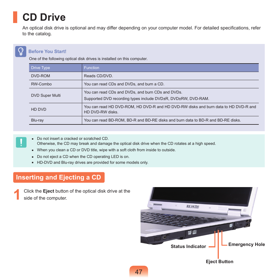 Cd drive, Inserting and ejecting a cd | Samsung P55 User Manual | Page 48 / 172