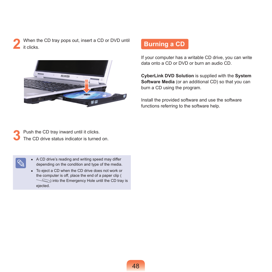 Burning a cd | Samsung P55 User Manual | Page 49 / 172