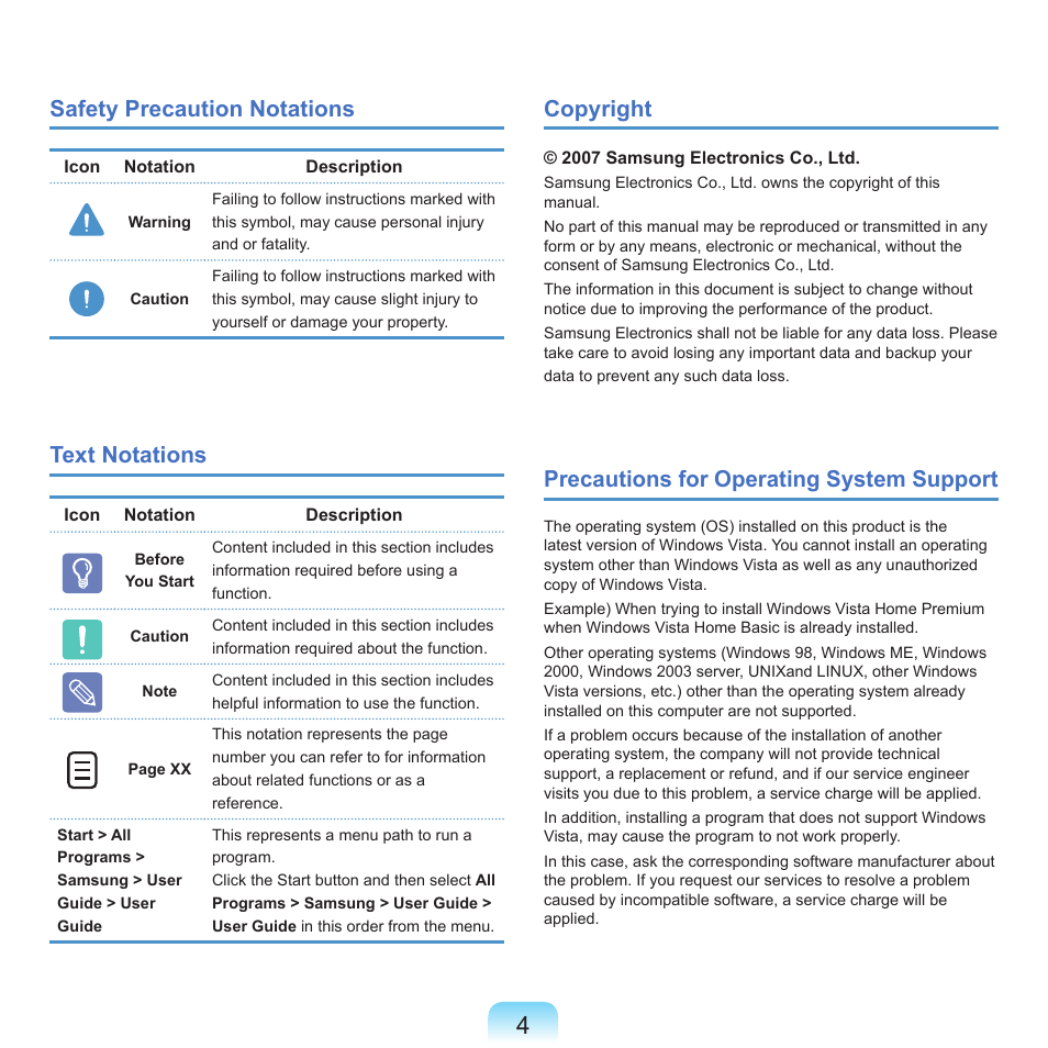 Safety precaution notations, Text notations, Copyright | Precautions for operating system support | Samsung P55 User Manual | Page 5 / 172