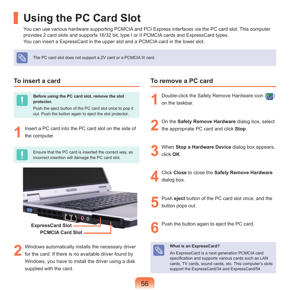 Using the pc card slot | Samsung P55 User Manual | Page 57 / 172