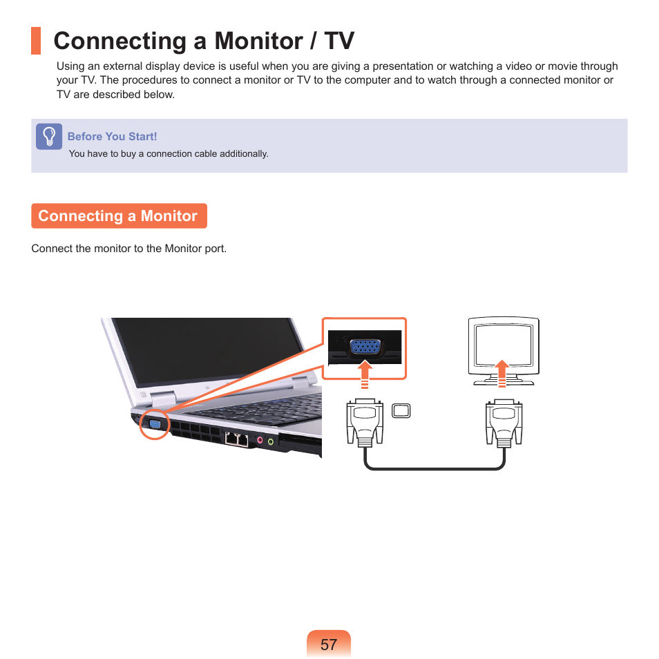 Connecting a monitor / tv, Connecting a monitor | Samsung P55 User Manual | Page 58 / 172