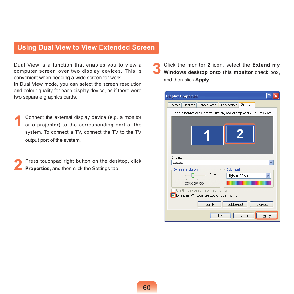 Using dual view to view extended screen | Samsung P55 User Manual | Page 61 / 172