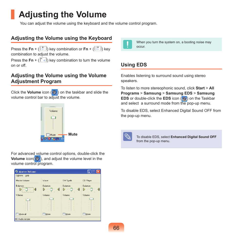 Adjusting the volume | Samsung P55 User Manual | Page 67 / 172