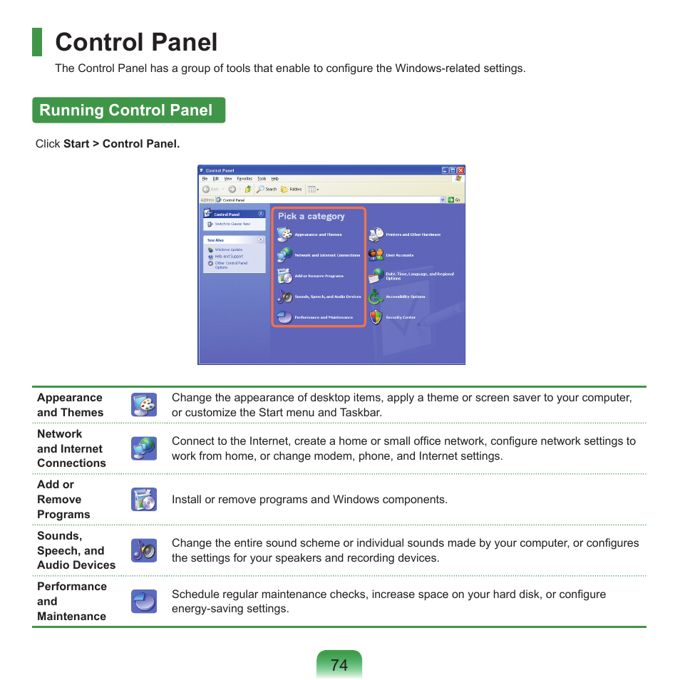 Control panel, Running control panel | Samsung P55 User Manual | Page 75 / 172