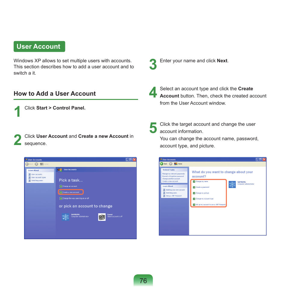 User account | Samsung P55 User Manual | Page 77 / 172