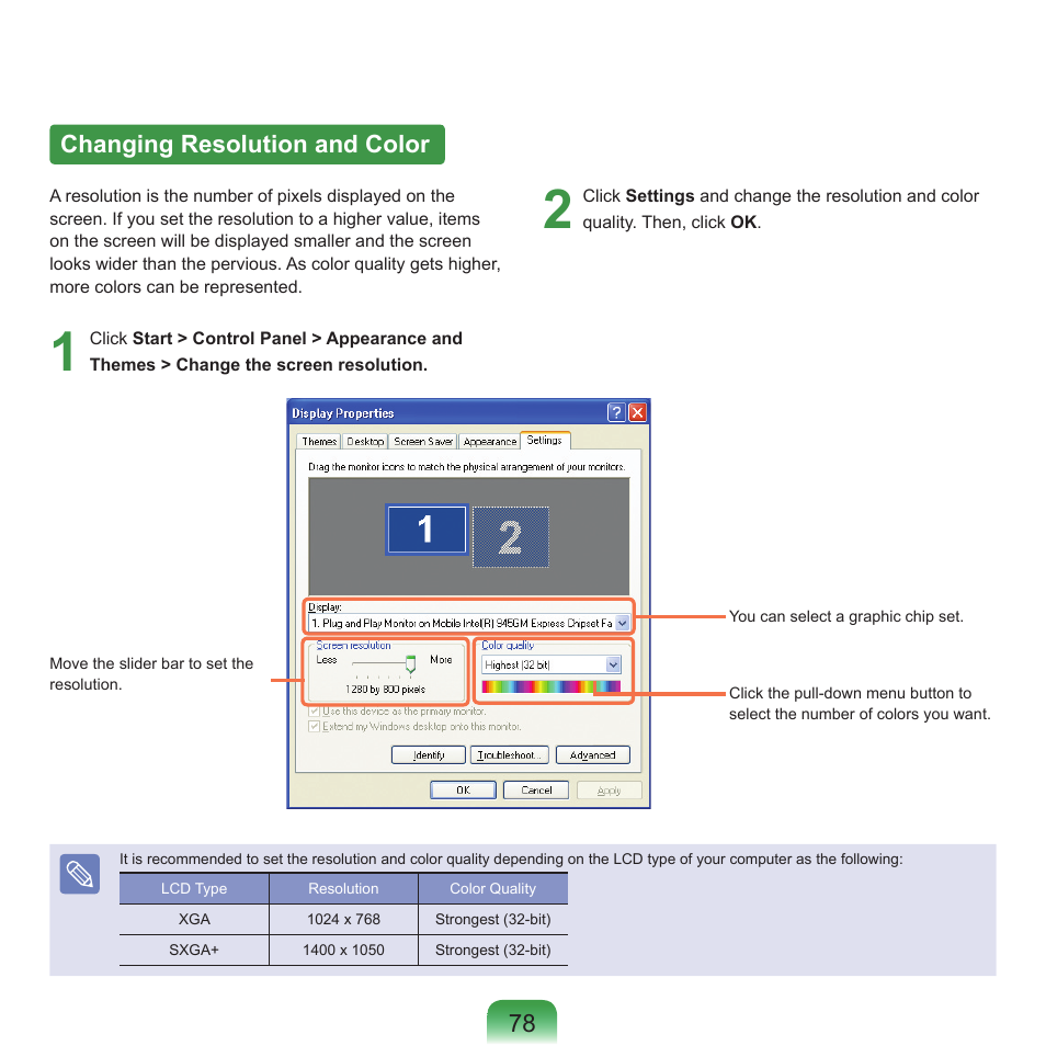 Changing resolution and color, 78 changing resolution and color | Samsung P55 User Manual | Page 79 / 172