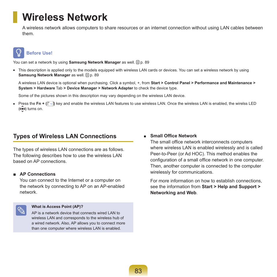 Wireless network, Types of wireless lan connections | Samsung P55 User Manual | Page 84 / 172