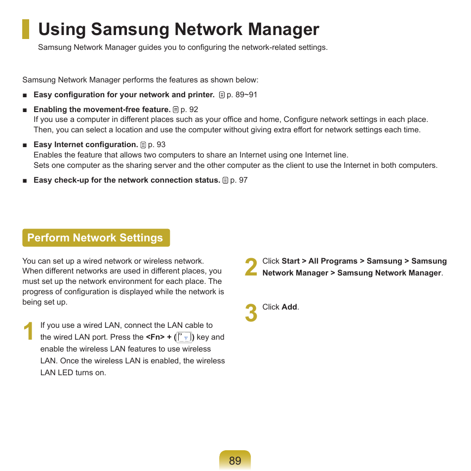 Using samsung network manager, Perform network settings | Samsung P55 User Manual | Page 90 / 172