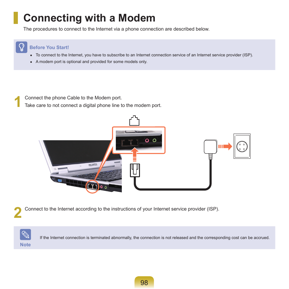 Connecting with a modem | Samsung P55 User Manual | Page 99 / 172