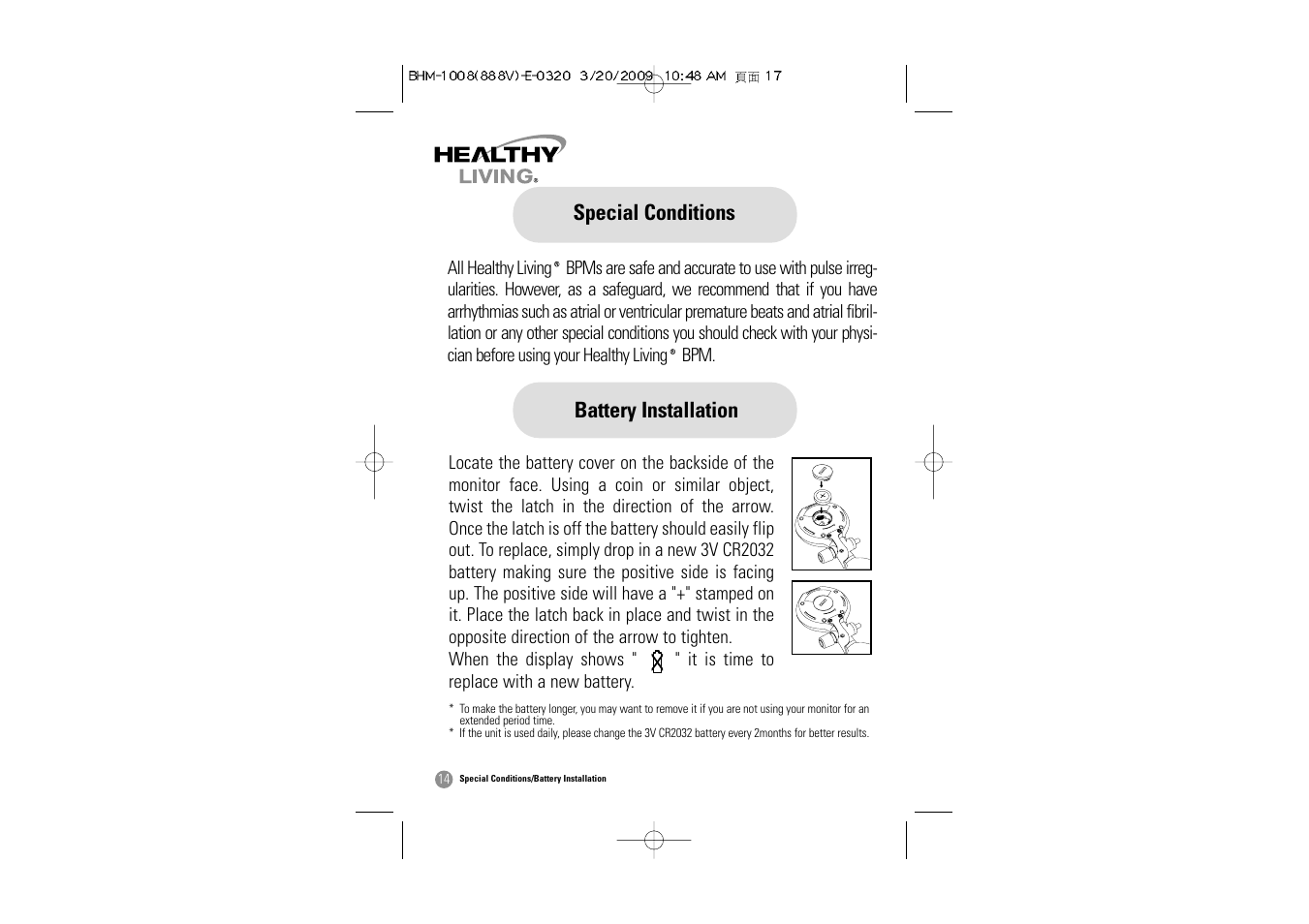 Special conditions, Battery installation | Samsung BHM-1008 User Manual | Page 15 / 66