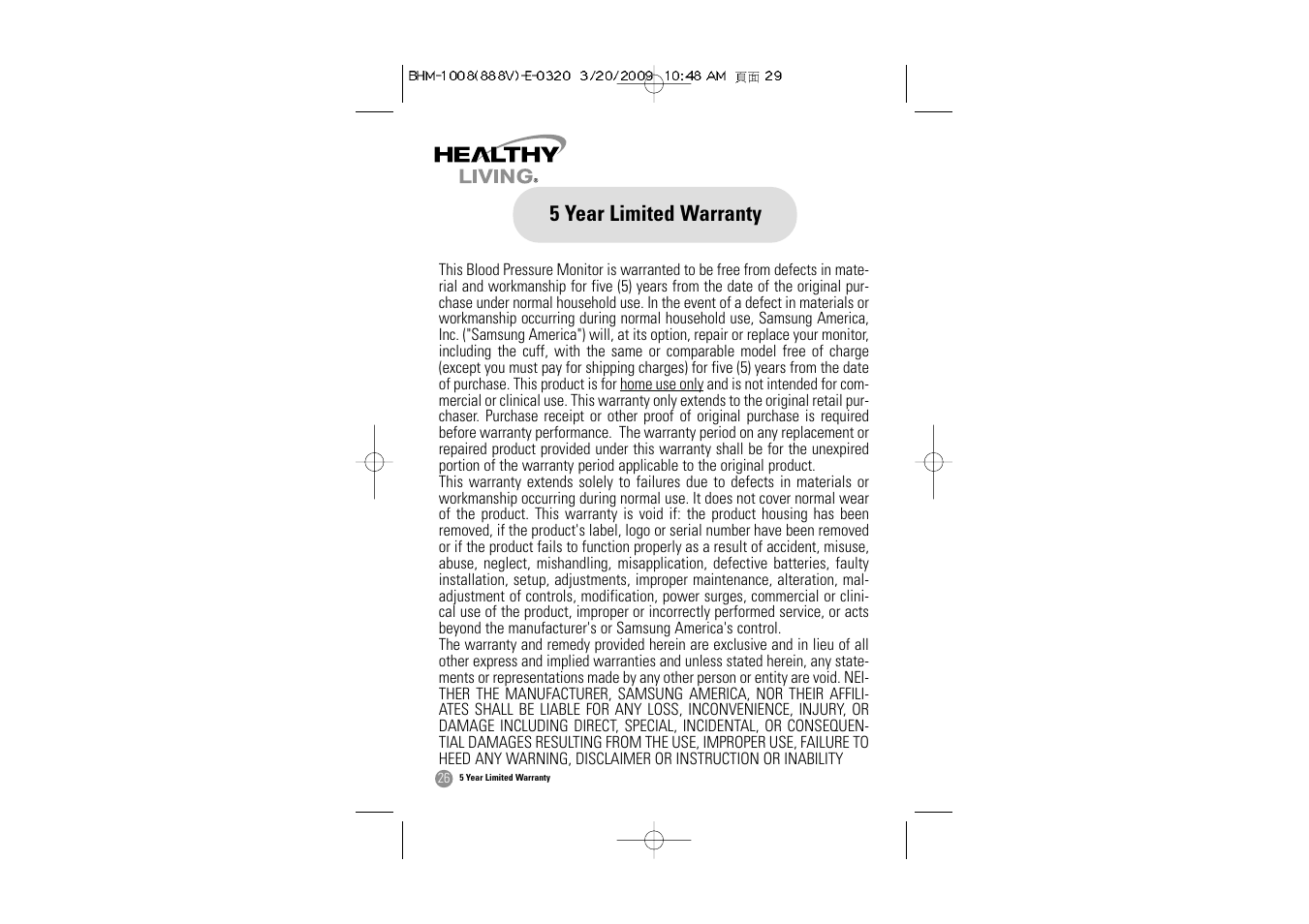 5 year limited warranty | Samsung BHM-1008 User Manual | Page 27 / 66